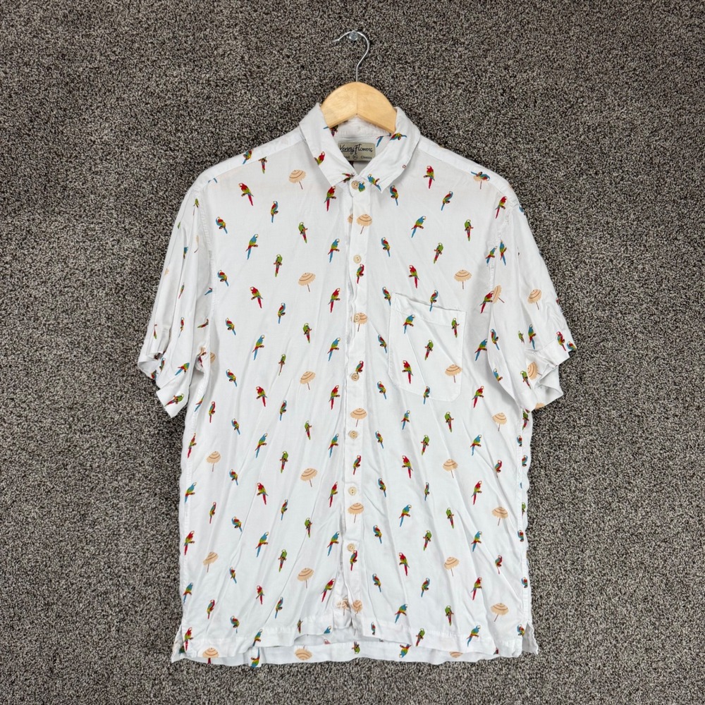 KENNY FLOWERS‎ Shirt Mens XL (Fits L) White Rayon Parrot Print Tropical Hawaiian